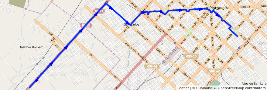 Mapa del recorrido 18 de la línea Oeste en Partido de La Plata.