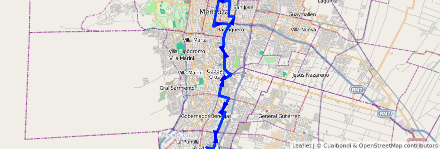 Mapa del recorrido 18 - Expreso Roca x Casa de Gob. de la línea G01 en Mendoza.