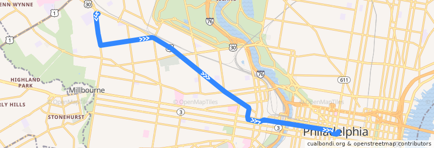 Mapa del recorrido SEPTA 10: Malvern Loop → Center City de la línea  en Philadelphia County.