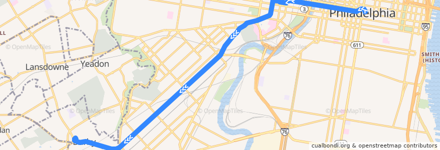 Mapa del recorrido SEPTA 11: Center City → Darby de la línea  en Philadelphia County.
