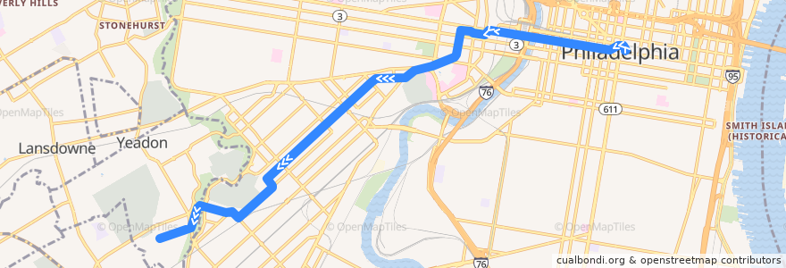 Mapa del recorrido SEPTA 13: Center City → Yeadon Loop de la línea  en Philadelphia County.