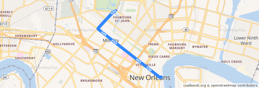 Mapa del recorrido Canal - City Park/Museum de la línea  en Orleans Parish.