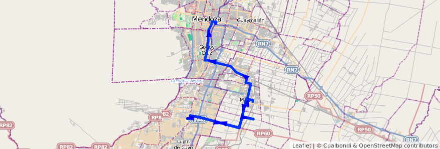 Mapa del recorrido 181 - Maipú - Pedro Molina - Ciencias Agrarias - Mendoza - Superiora de ida y vuelta de la línea G10 en メンドーサ州.