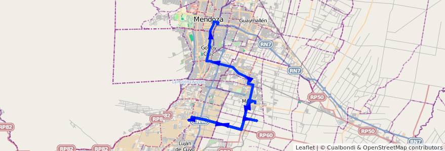 Mapa del recorrido 181 - Maipú - Pedro Molina - Ciencias Agrarias - Mendoza - Superiora de Vuelta de la línea G10 en Mendoza.