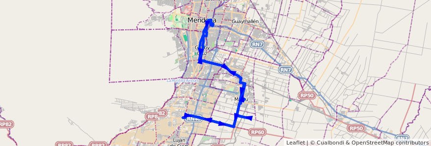 Mapa del recorrido 181 - Mendoza - Pedro Molina - Ciencias Agarias - Superiora de ida de la línea G10 en Mendoza.