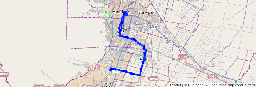 Mapa del recorrido 181 - Mendoza - Pedro Molina - Ciencias Agrarias - Superiora de vuelta de la línea G10 en メンドーサ州.