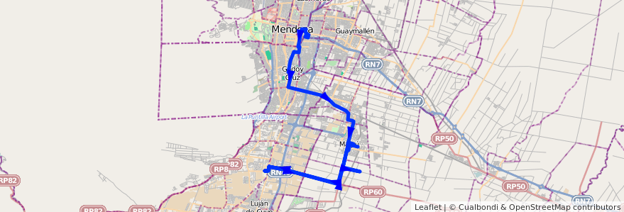 Mapa del recorrido 181 - Mendoza - Pedro Molina - Ciencias Ararias - Mendoza - Maipú - Superiora de ida de la línea G10 en 门多萨省.