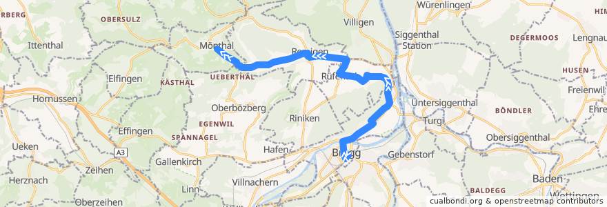 Mapa del recorrido Bus 374: Brugg AG => Eisi => Mönthal de la línea  en Bezirk Brugg.