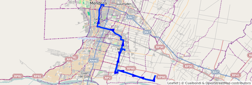 Mapa del recorrido 182 - Maipú - Chachingo por Russell - Mendoza de la línea G10 en メンドーサ州.