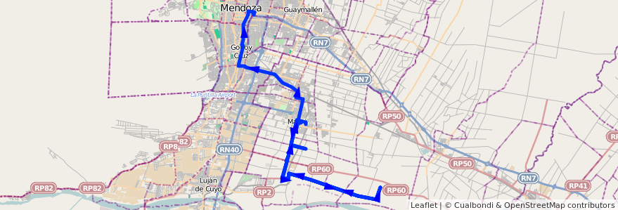 Mapa del recorrido 182 - Maipú - Chachingo por Russell - Mendoza - Superiora de vuelta de la línea G10 en 门多萨省.