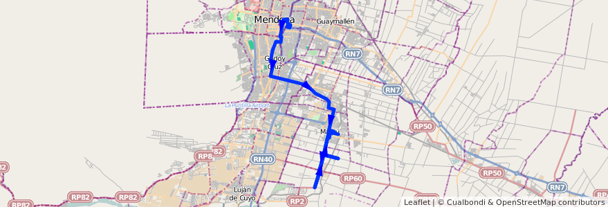 Mapa del recorrido 182 - Maipú - Cruz de Piedra - Superiora de Vuelta - Mendoza de la línea G10 en 门多萨省.