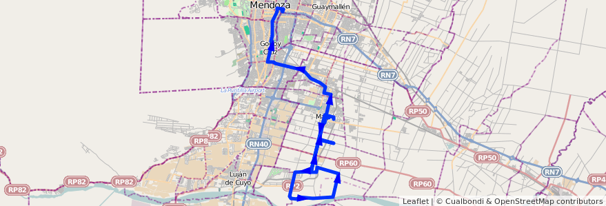 Mapa del recorrido 182 - Maipú - Lunlunta por El Alto - Regresa por El Bajo - Superiora de Vuelta - Mendoza de la línea G10 en Мендоса.