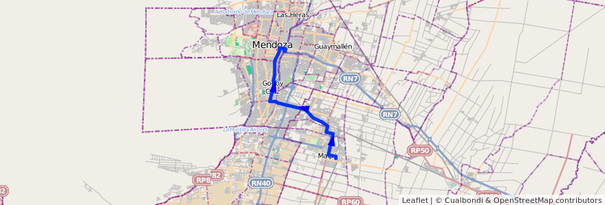 Mapa del recorrido 182 - Maipú - Pedro Molina - Ciencias Agrarias - Mendoza de la línea G10 en 门多萨省.