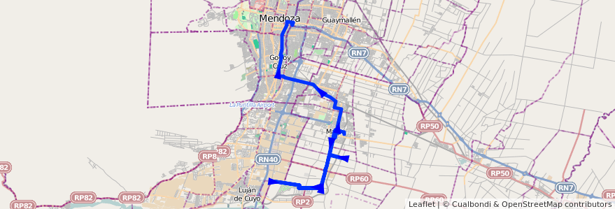 Mapa del recorrido 182 - Maipú - Recoaro - Superiora de vuelta - Mendoza de la línea G10 en Мендоса.