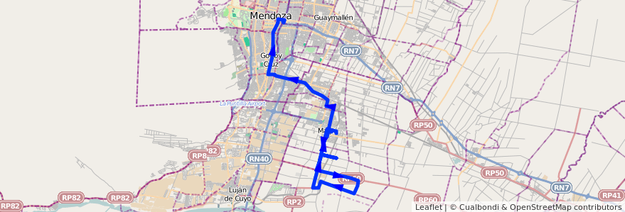 Mapa del recorrido 182 - Maipú - Tres Esquinas - Pedro Molina - Mendoza - Superiora de vuelta de la línea G10 en Mendoza.