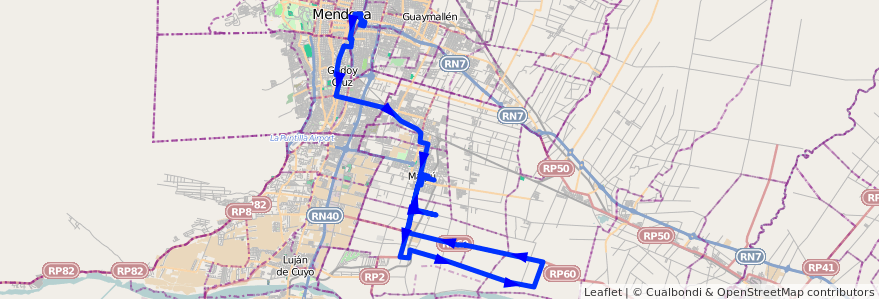 Mapa del recorrido 182 - Mendoza - Chachingo por Russell - Superiora de ida - Maipú de la línea G10 en Mendoza.