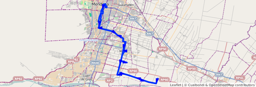 Mapa del recorrido 182 - Mendoza - Chachingo por Russell - Superiora de ida y vuelta de la línea G10 en 门多萨省.