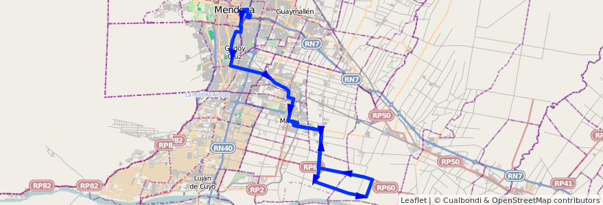 Mapa del recorrido 182 - Mendoza - Chachingo por Urquiza - Paraiso Ruta Nº 60 - Maipú de la línea G10 en 门多萨省.