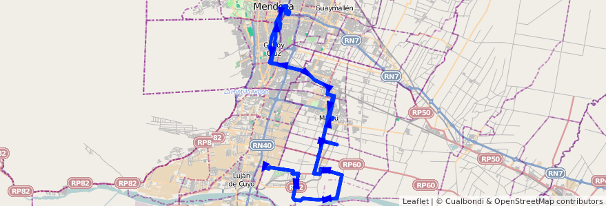 Mapa del recorrido 182 - Mendoza - Lunlunta por El Bajo - Recoraro - Superiora de ida y vuelta de la línea G10 en Mendoza.