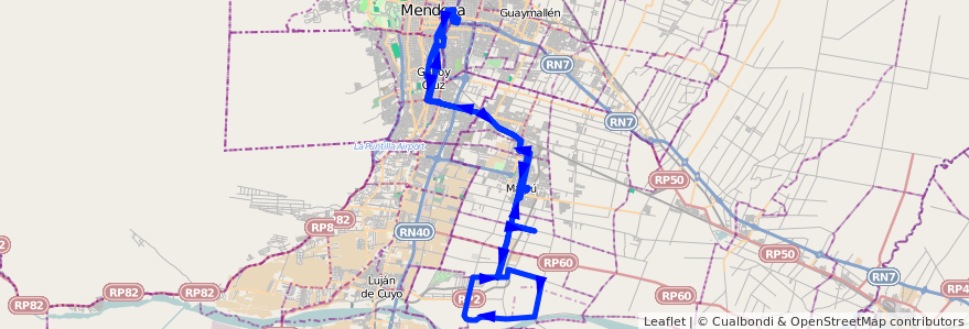 Mapa del recorrido 182 - Mendoza - Lunlunta por El Bajo - Regresa por El Alto - Superiora de ida de la línea G10 en Mendoza.