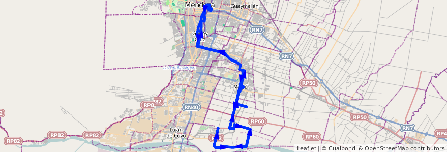 Mapa del recorrido 182 - Mendoza - Lunlunta por El Bajo - Superiora de ida y vuelta de la línea G10 en 门多萨省.