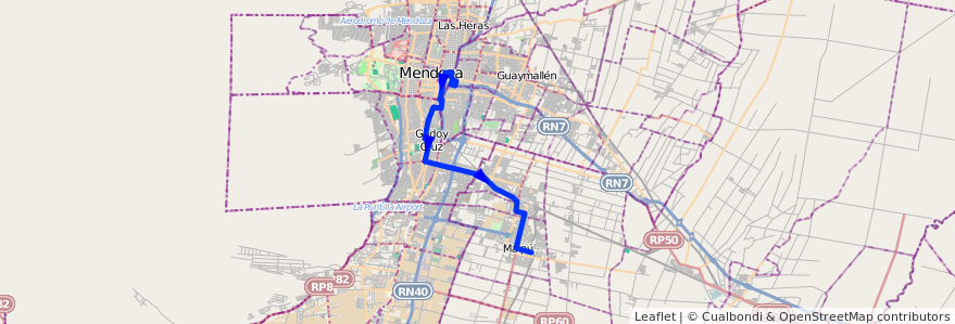 Mapa del recorrido 182 - Mendoza - Maipú - Chachingo de la línea G10 en メンドーサ州.