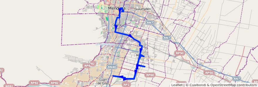 Mapa del recorrido 182 - Mendoza - Recoaro - Superiora de ida - Maipú de la línea G10 en 门多萨省.