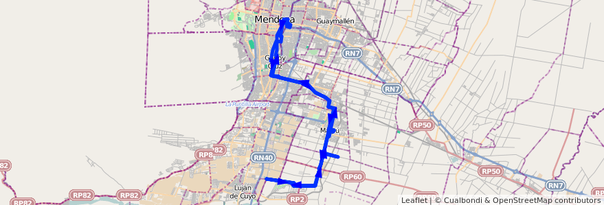 Mapa del recorrido 182 - Mendoza - Recoaro - Superiora de vuelta de la línea G10 en Mendoza.