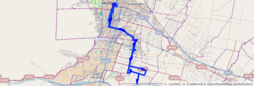 Mapa del recorrido 182 - Mendoza - Tres Esquinas - Pedro Molina - Hasta el Río Mendoza de la línea G10 en Mendoza.