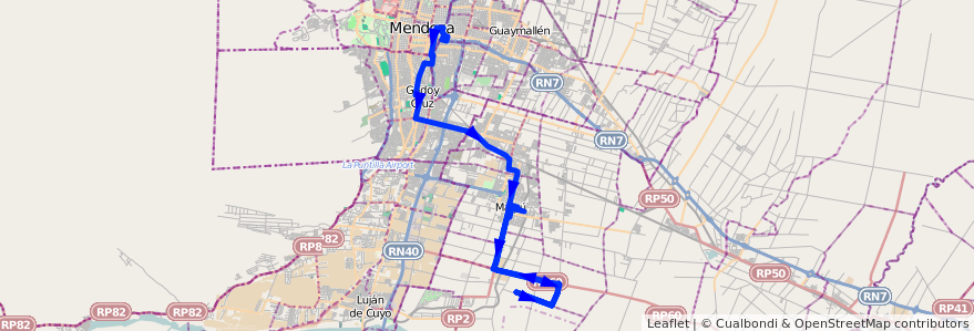 Mapa del recorrido 182 - Mendoza - Tres Esquinas - Pedro Molina - Maipú de la línea G10 en Мендоса.