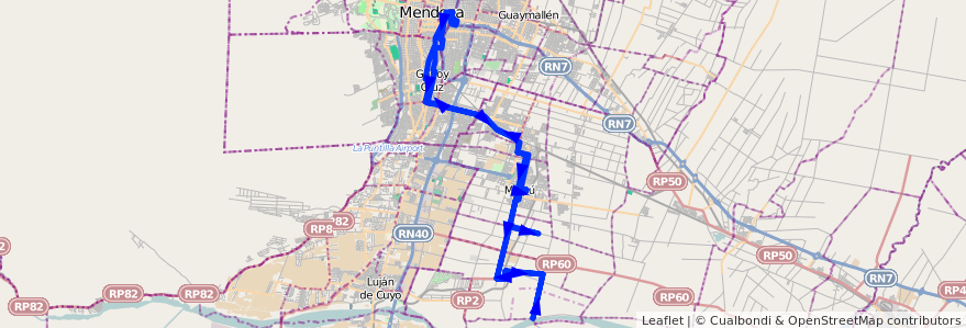 Mapa del recorrido 182 - Mendoza - Tres Esquinas - Superiora de vuelta - Hasta Río Mendoza de la línea G10 en Мендоса.