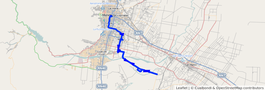 Mapa del recorrido 183 - Maipú - Barrancas por El Carril - Regresa por El Alto - Mendoza de la línea G10 en Mendoza.