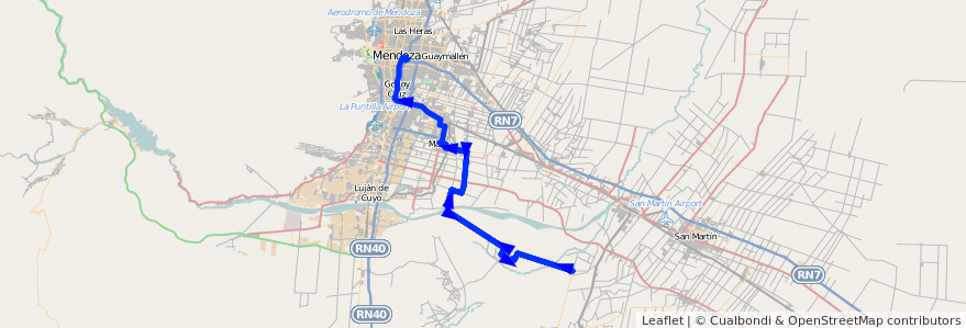 Mapa del recorrido 183 - Maipú - Barrancas por Urquiza - Ida y vuelta por El Carril - Mendoza de la línea G10 en 门多萨省.