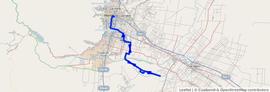 Mapa del recorrido 183 - Maipú - Barrancas por Urquiza ida y vuelta por El Carril - Regresa por El Alto - Mendoza de la línea G10 en 门多萨省.