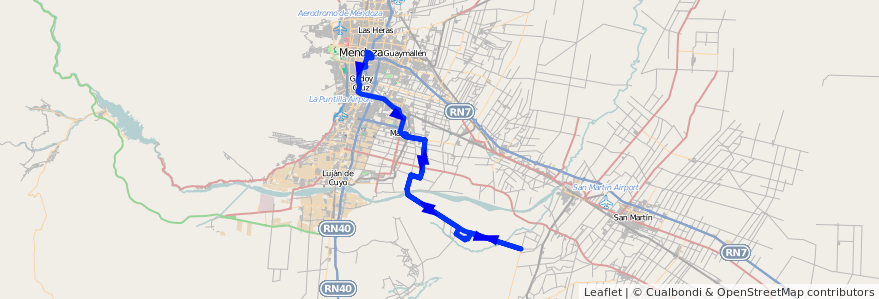 Mapa del recorrido 183 - Maipú - Barrancas por Urquiza ida y vuelta por El Carril - Regresa por El Carril Maipú de la línea G10 en 门多萨省.