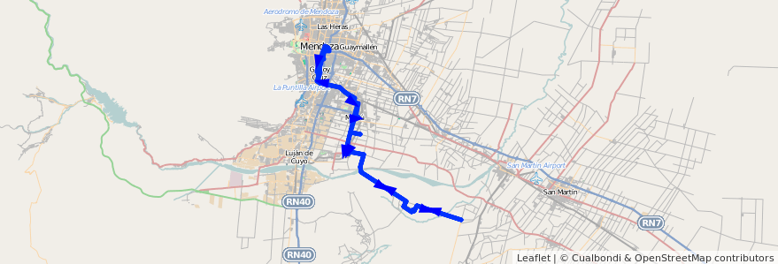 Mapa del recorrido 183 - Mendoza - Barrancas por El Alto de ida y vuelta - Superiora de vuelta de la línea G10 en Mendoza.