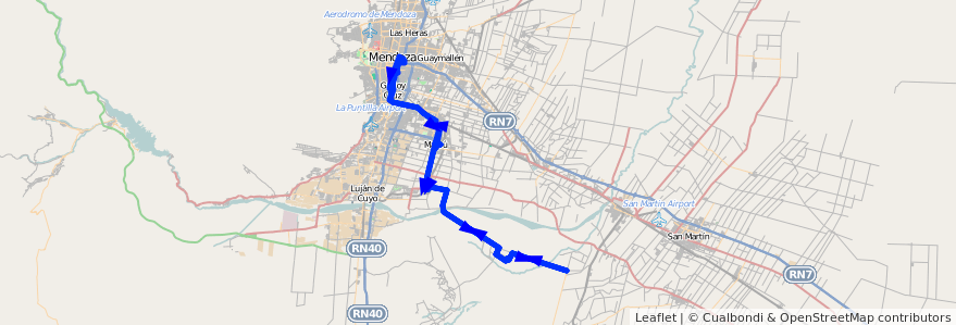 Mapa del recorrido 183 - Mendoza - Barrancas por El Alto ida y vuelta de la línea G10 en Mendoza.