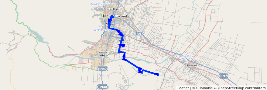 Mapa del recorrido 183 - Mendoza - Barrancas por El Alto Ida y vuelta - Superiora de ida y vuelta de la línea G10 en Mendoza.