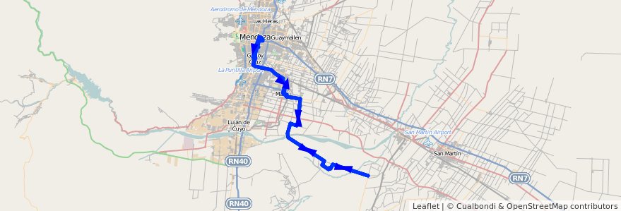 Mapa del recorrido 183 - Mendoza - Barrancas por Urquiza de ida y vuelta por EL Alto de la línea G10 en Mendoza.