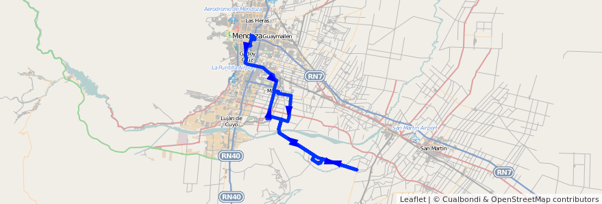 Mapa del recorrido 183 - Mendoza - Barrancas por Urquiza Ida y por El Alto - Regresa por El Carril - Russell - Maipú de la línea G10 en 门多萨省.