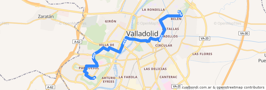 Mapa del recorrido Bus 8: Belén => Parquesol de la línea  en Valladolid.