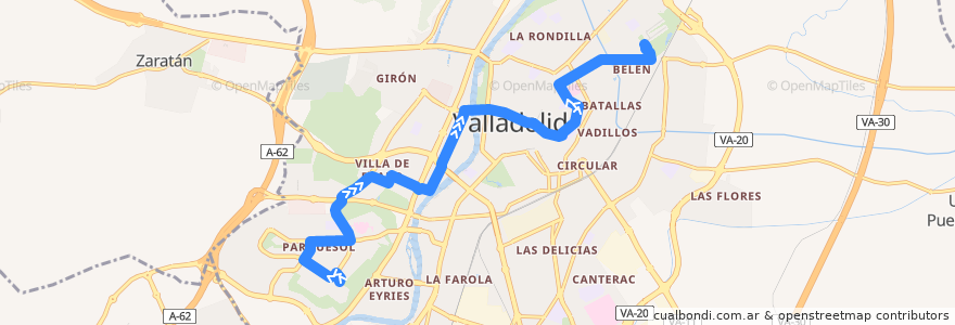 Mapa del recorrido Bus 8: Parquesol => Belén de la línea  en Valladolid.