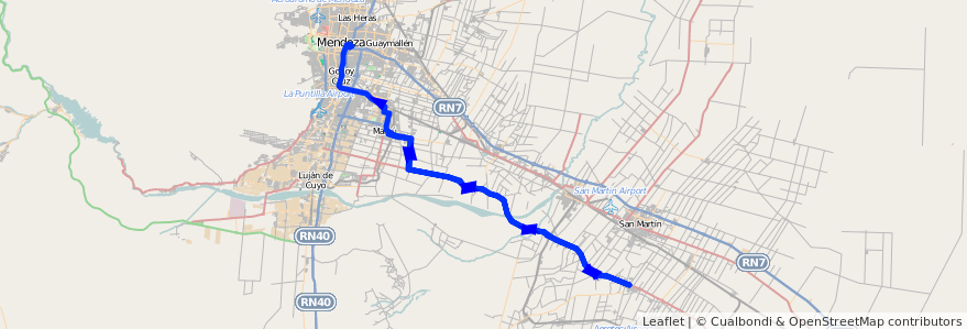 Mapa del recorrido 184 - Maipú - Junín - Mendoza de la línea G10 en Mendoza.