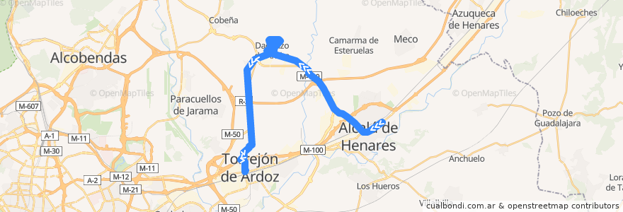 Mapa del recorrido Bus 252: Alcalá de Henares → Daganzo → Torrejón de Ardoz de la línea  en Comunidad de Madrid.