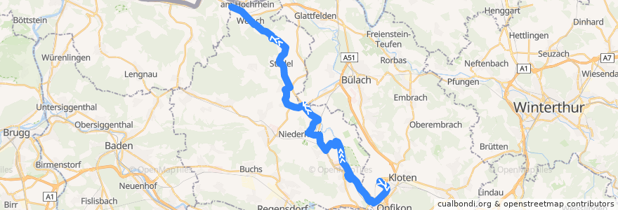 Mapa del recorrido Bus 510: Zürich Flughafen, Bahnhof => Kaiserstuhl AG, Bahnhof de la línea  en Bezirk Dielsdorf.