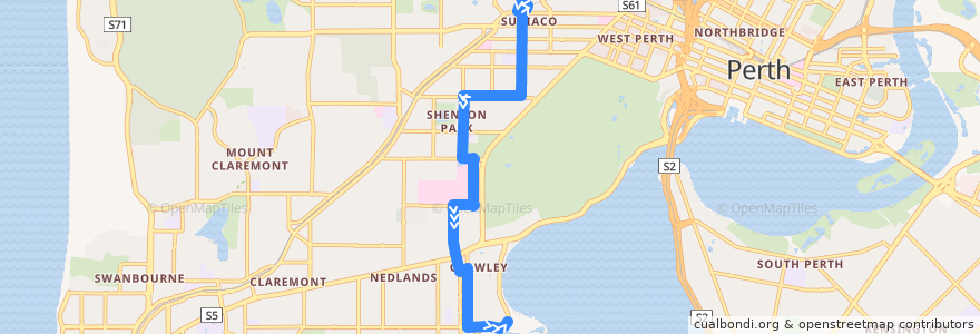 Mapa del recorrido Subiaco Shuttle: Subiaco Station → UWA de la línea  en 西澳大利亚州.