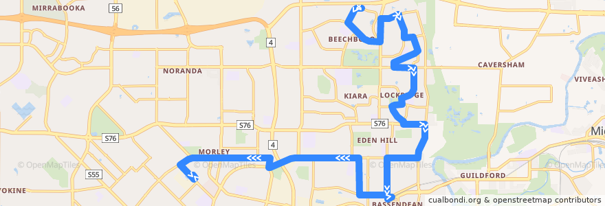 Mapa del recorrido 341T Beechboro → Morley Bus Station de la línea  en Western Australia.