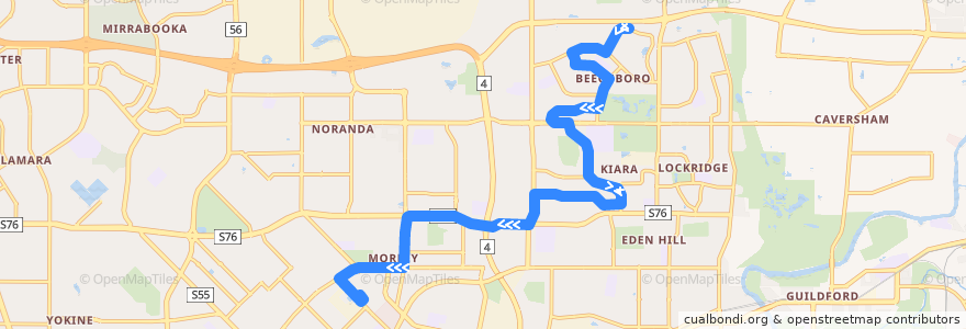 Mapa del recorrido 343T Beechboro → Morley Bus Station de la línea  en Western Australia.