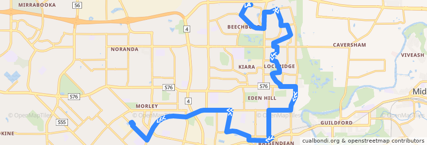 Mapa del recorrido 342T Beechboro → Morley Bus Station de la línea  en Australia Occidental.