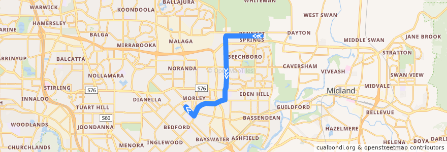 Mapa del recorrido 345T Bennett Springs → Morley Bus Station de la línea  en Western Australia.